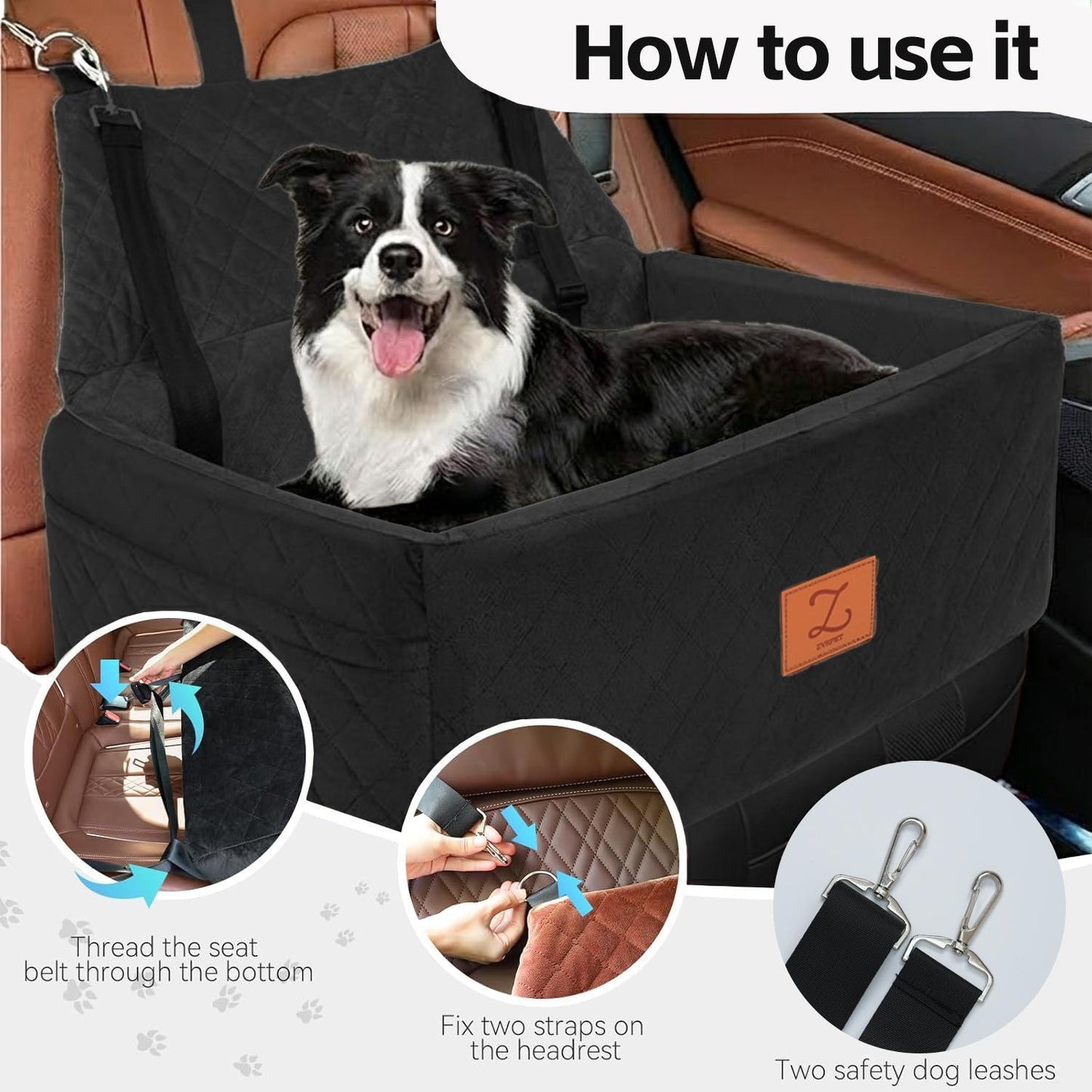 ZVRpet 2-in-1 Pet Car Seat All Black Double Car Dog Bed for Back Seat  29.5”  Holds 1 Large Dog (up to 65 lbs) or 2 Small-Medium Dogs Comfortably Includes 2 Leashes