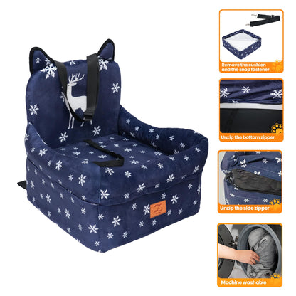 ZVRpet Limited Edition Snowy Reindeer Pet Car Seat Detachable & Washable Memory Foam Dog Seat Mat, Anti-Slip Car Seat Cover with Adjustable Straps for SUV/Travel, Outdoor Travel Essential Suitable for Small & Medium Dogs