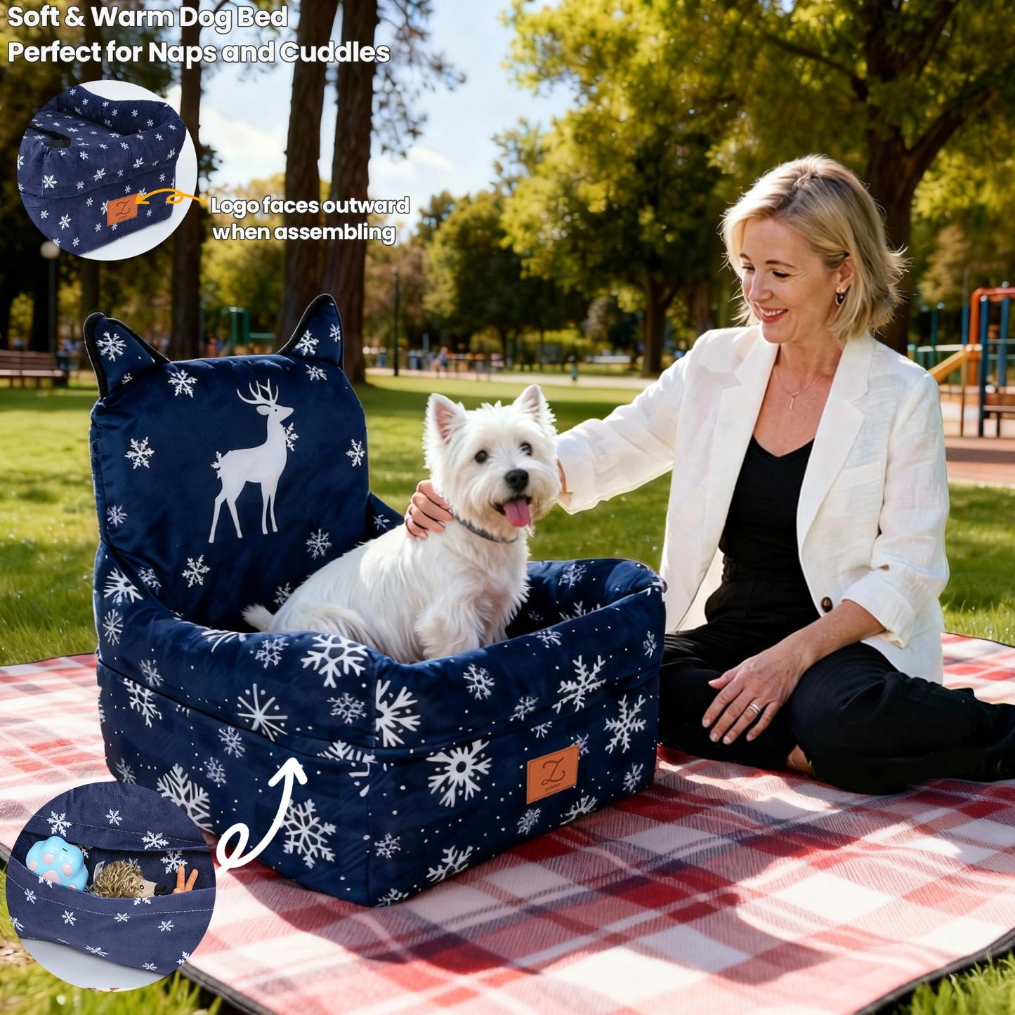 ZVRpet Limited Edition Snowy Reindeer Pet Car Seat Detachable & Washable Memory Foam Dog Seat Mat, Anti-Slip Car Seat Cover with Adjustable Straps for SUV/Travel, Outdoor Travel Essential Suitable for Small & Medium Dogs