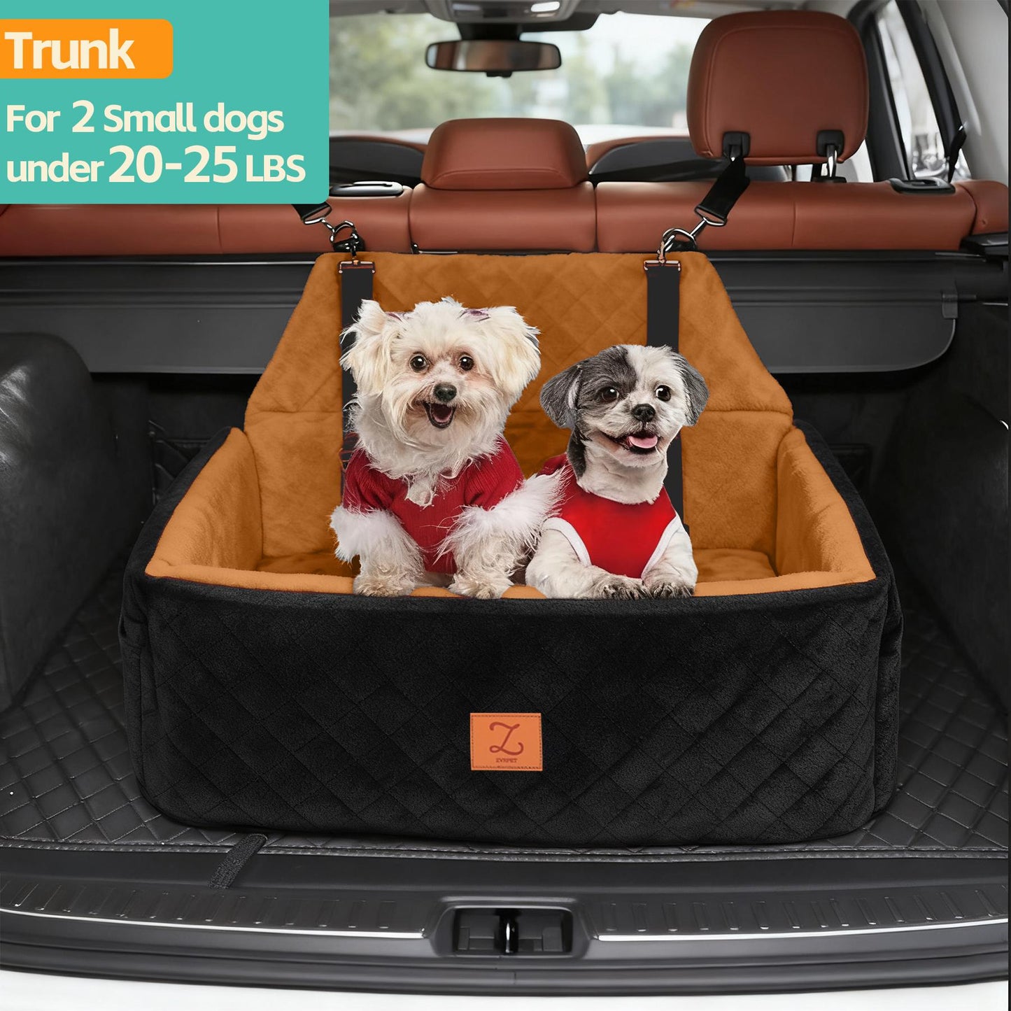 ZVRpet 2-in-1 Pet Car Seat Black&Orange Double Car Dog Bed for Back Seat  29.5”  Holds 1 Large Dog (up to 65 lbs) or 2 Small-Medium Dogs Comfortably Includes 2 Leashes