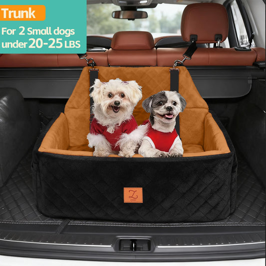 ZVRpet 2-in-1 Pet Car Seat Black&Orange Double Car Dog Bed for Back Seat  29.5”  Holds 1 Large Dog (up to 65 lbs) or 2 Small-Medium Dogs Comfortably Includes 2 Leashes