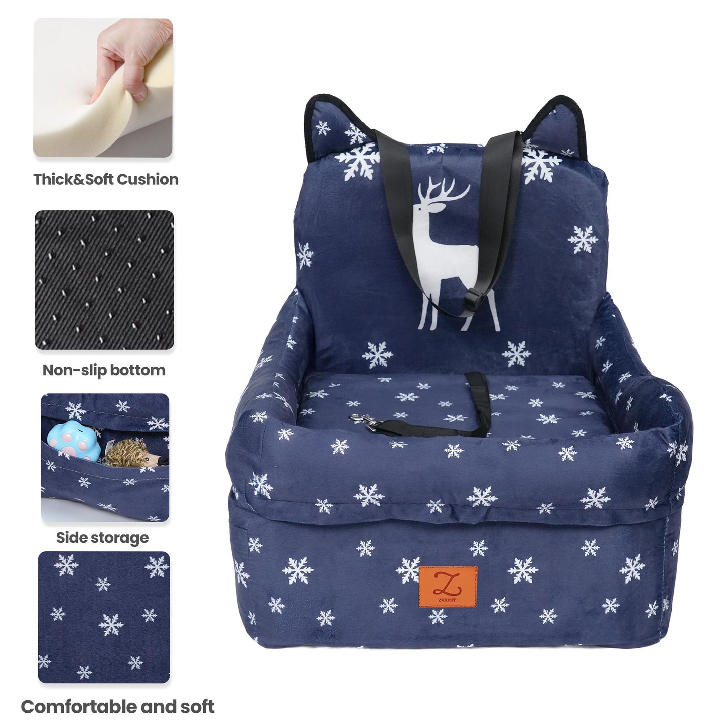 ZVRpet Limited Edition Snowy Reindeer Pet Car Seat Detachable & Washable Memory Foam Dog Seat Mat, Anti-Slip Car Seat Cover with Adjustable Straps for SUV/Travel, Outdoor Travel Essential Suitable for Small & Medium Dogs