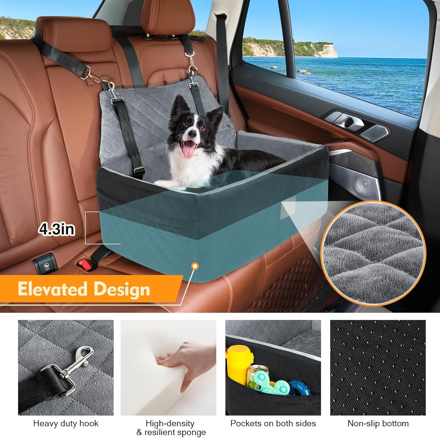 ZVRpet 2-in-1 Pet Car Seat Double Car Dog Bed for Back Seat  29.5”  Holds 1 Large Dog (up to 65 lbs) or 2 Small-Medium Dogs Comfortably Includes 2 Leashes