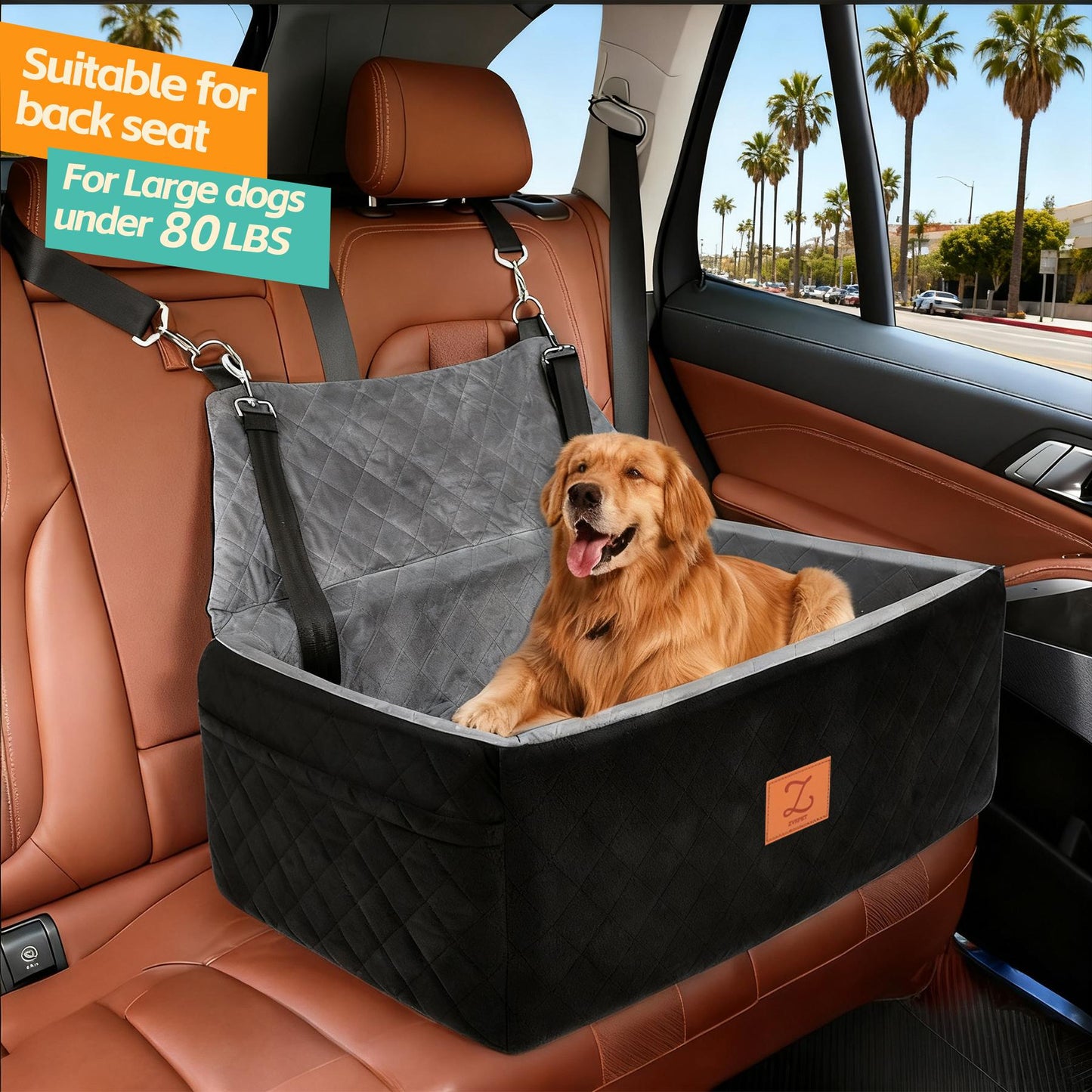 ZVRpet 2-in-1 Pet Car Seat Double Car Dog Bed for Back Seat  29.5”  Holds 1 Large Dog (up to 65 lbs) or 2 Small-Medium Dogs Comfortably Includes 2 Leashes