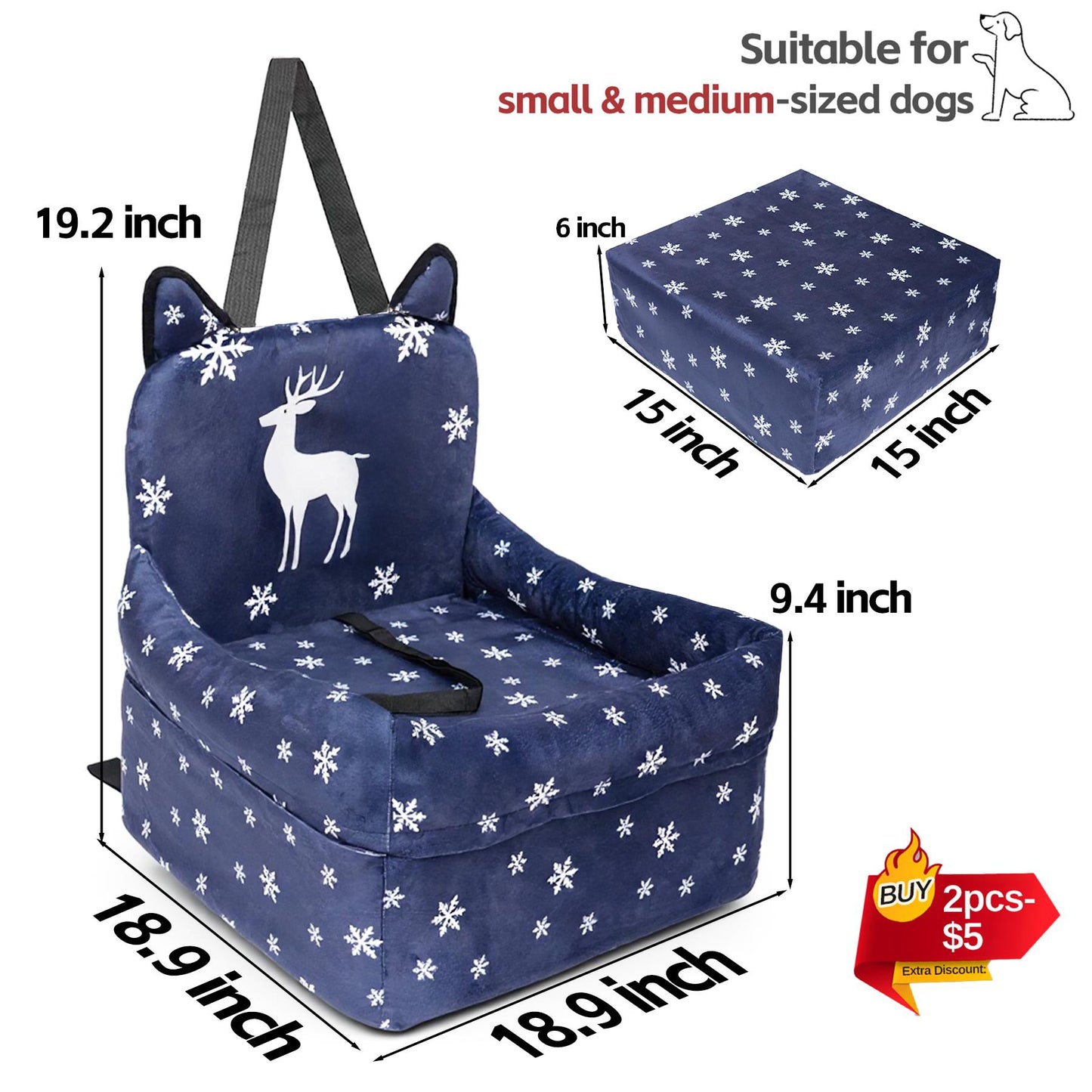 ZVRpet Limited Edition Snowy Reindeer Pet Car Seat Detachable & Washable Memory Foam Dog Seat Mat, Anti-Slip Car Seat Cover with Adjustable Straps for SUV/Travel, Outdoor Travel Essential Suitable for Small & Medium Dogs