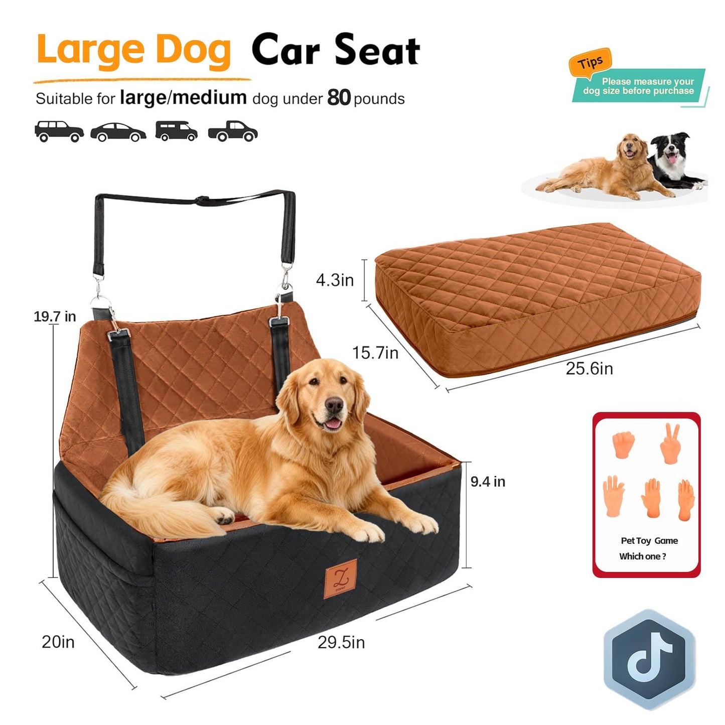 ZVRpet 2-in-1 Pet Car Seat Black&Orange Double Car Dog Bed for Back Seat  29.5”  Holds 1 Large Dog (up to 65 lbs) or 2 Small-Medium Dogs Comfortably Includes 2 Leashes