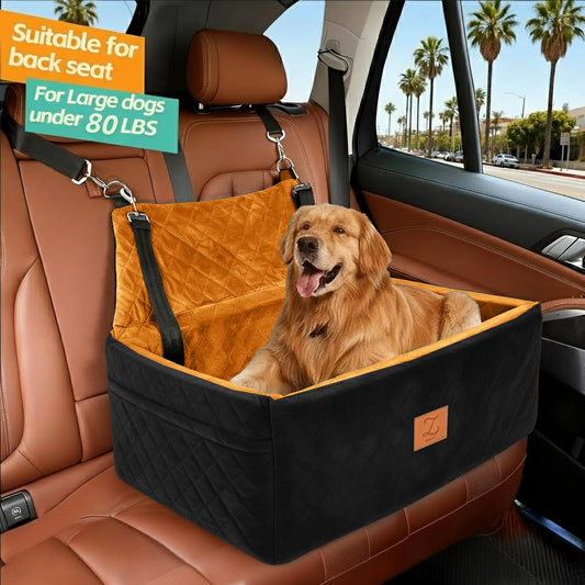 ZVRpet 2-in-1 Pet Car Seat Black&Orange Double Car Dog Bed for Back Seat  29.5”  Holds 1 Large Dog (up to 65 lbs) or 2 Small-Medium Dogs Comfortably Includes 2 Leashes