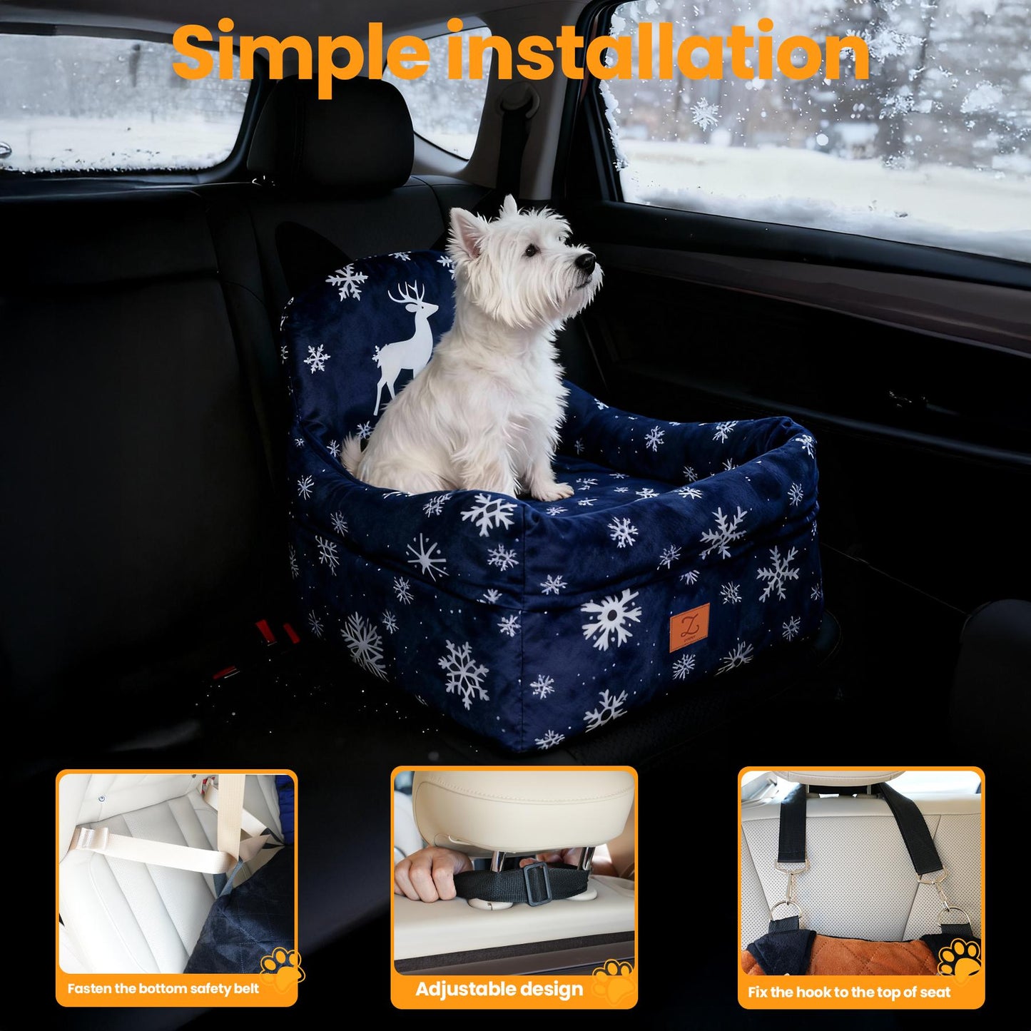 ZVRpet Limited Edition Snowy Reindeer Pet Car Seat Detachable & Washable Memory Foam Dog Seat Mat, Anti-Slip Car Seat Cover with Adjustable Straps for SUV/Travel, Outdoor Travel Essential Suitable for Small & Medium Dogs