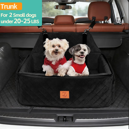 ZVRpet 2-in-1 Pet Car Seat All Black Double Car Dog Bed for Back Seat  29.5”  Holds 1 Large Dog (up to 65 lbs) or 2 Small-Medium Dogs Comfortably Includes 2 Leashes