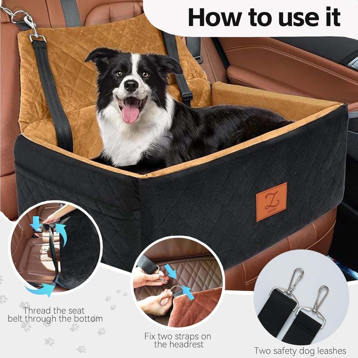 ZVRpet 2-in-1 Pet Car Seat Black&Orange Double Car Dog Bed for Back Seat  29.5”  Holds 1 Large Dog (up to 65 lbs) or 2 Small-Medium Dogs Comfortably Includes 2 Leashes