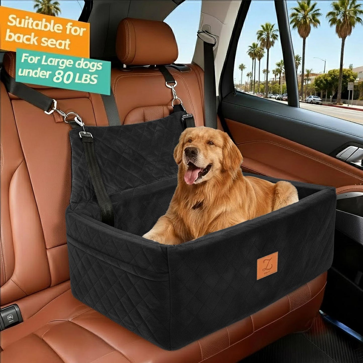 ZVRpet 2-in-1 Pet Car Seat All Black Double Car Dog Bed for Back Seat  29.5”  Holds 1 Large Dog (up to 65 lbs) or 2 Small-Medium Dogs Comfortably Includes 2 Leashes