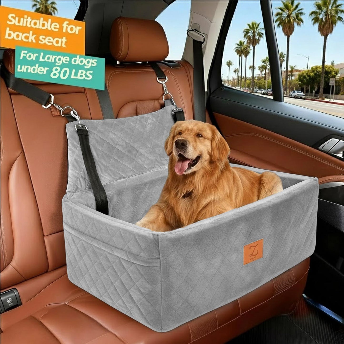 ZVRpet 2-in-1 Pet Car Seat All Gray Double Car Dog Bed for Back Seat  29.5”  Holds 1 Large Dog (up to 65 lbs) or 2 Small-Medium Dogs Comfortably Includes 2 Leashes