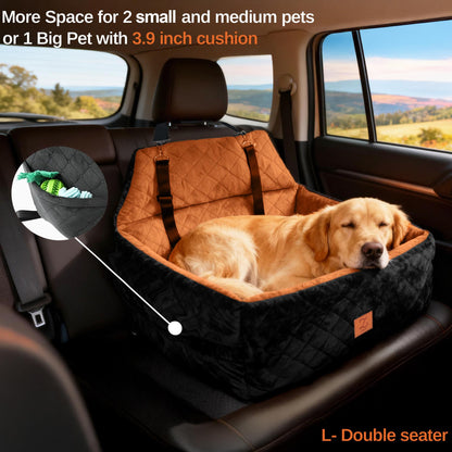 ZVRpet 2-in-1 Pet Car Seat Black&Orange Double Car Dog Bed for Back Seat  29.5”  Holds 1 Large Dog (up to 65 lbs) or 2 Small-Medium Dogs Comfortably Includes 2 Leashes